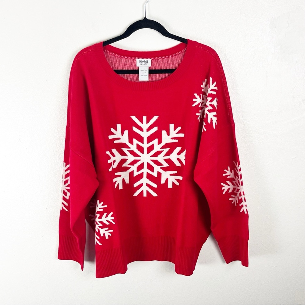MONROE & MAIN Red Large Snowflakes Print Long Sleeves Crewneck Sweater Size 3X
